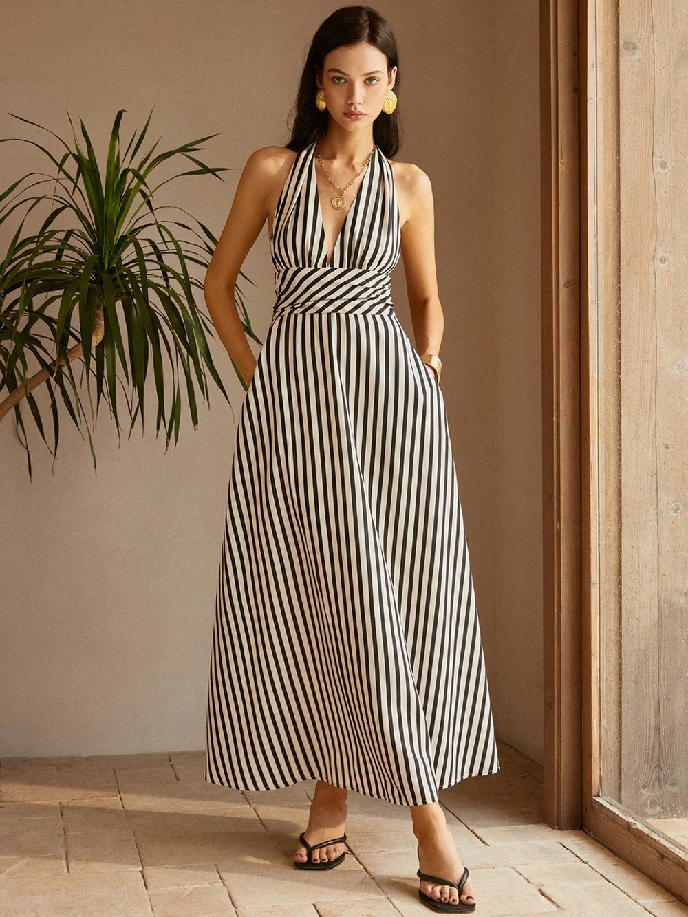 Commense Black and White Striped Halter Maxi Dress with pockets